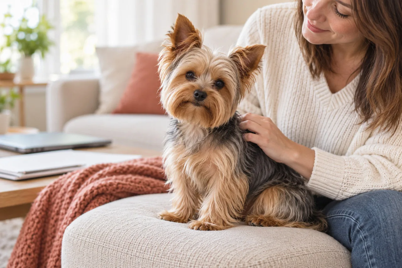 Small tan dog sitting beside its owner on a sofa